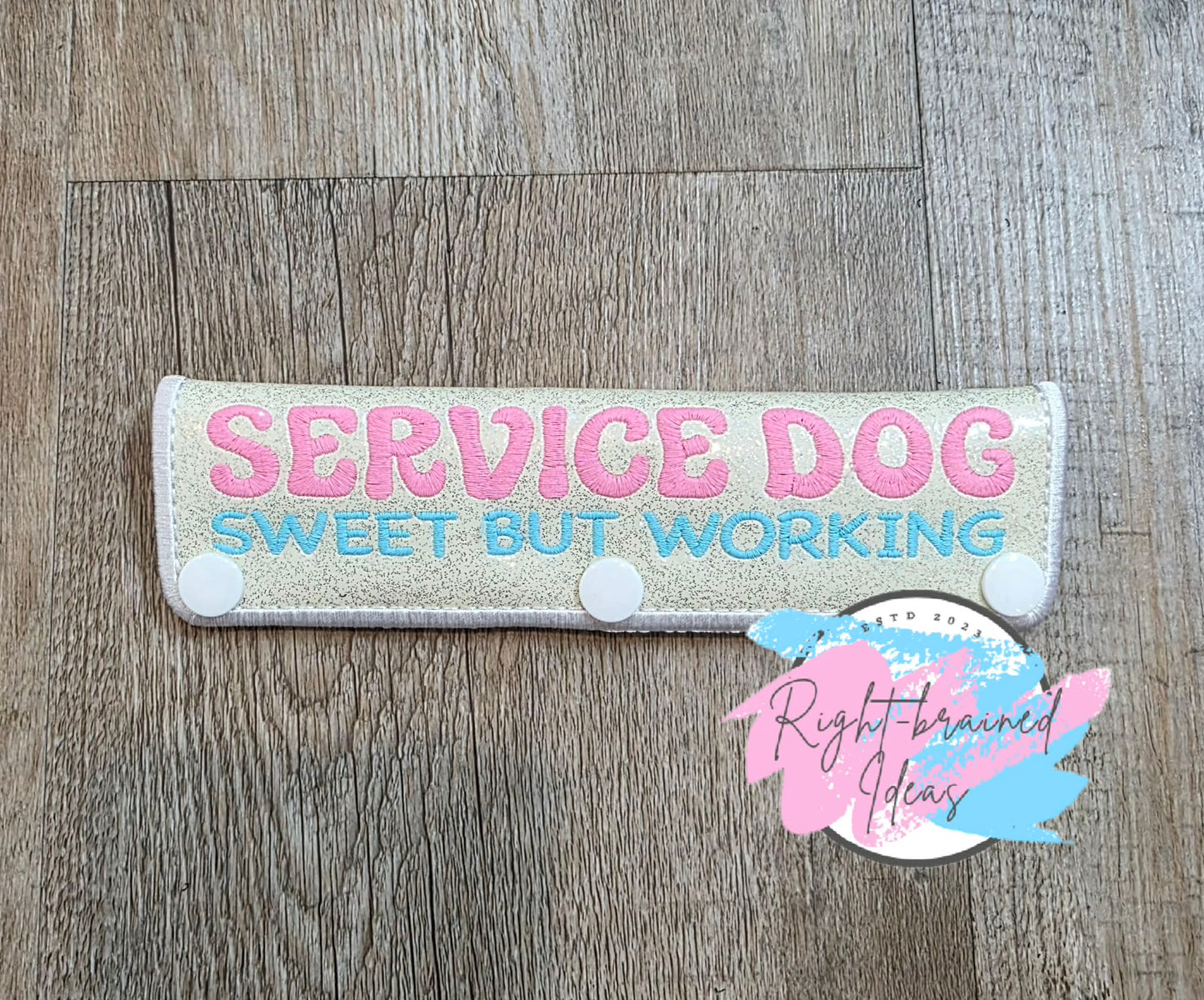 Frosted And Sweet Conversation Heart Inspired Service Dog Working Multi-colored On Sparkle White Vinyl Five-piece Patch and Leash Wrap Set