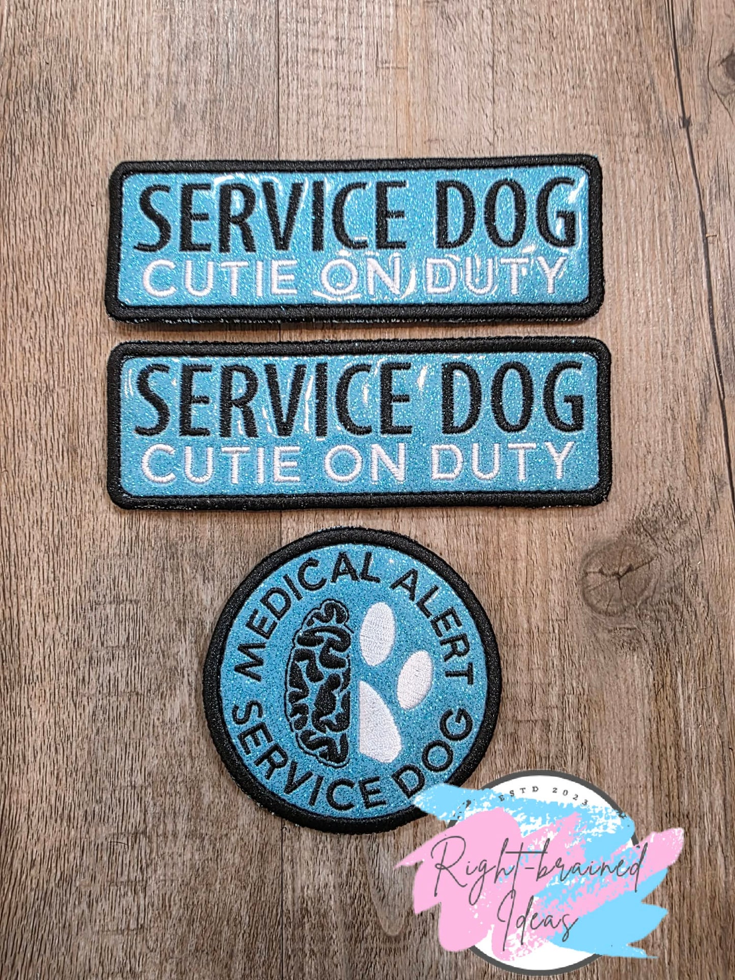 Service Dog Cutie On Duty Black And White On Sparkle Light Blue Vinyl Three-piece Patch Set