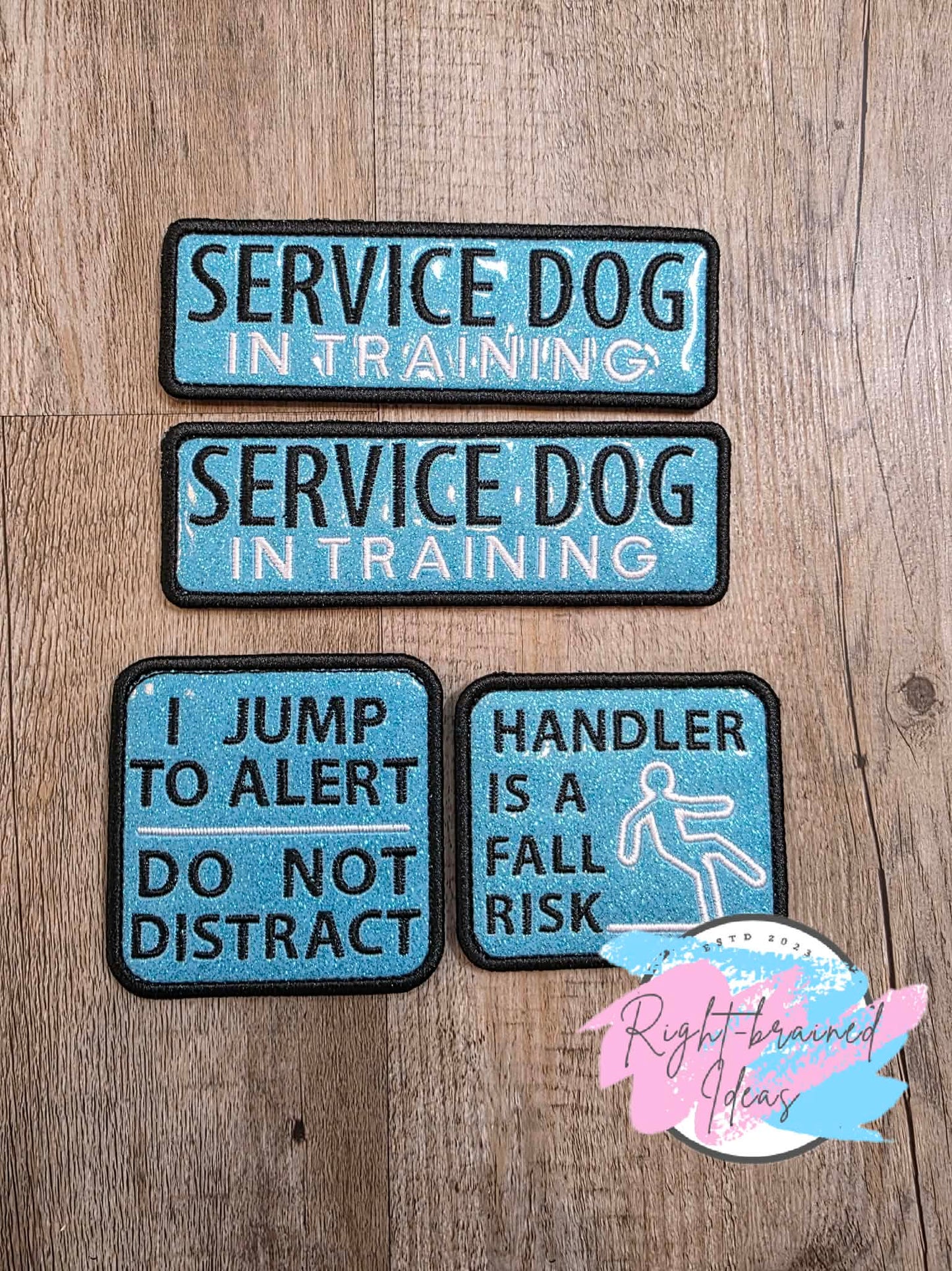Service Dog Jump To Alert Black And White On Sparkle Light Blue Vinyl Four-piece Patch Set
