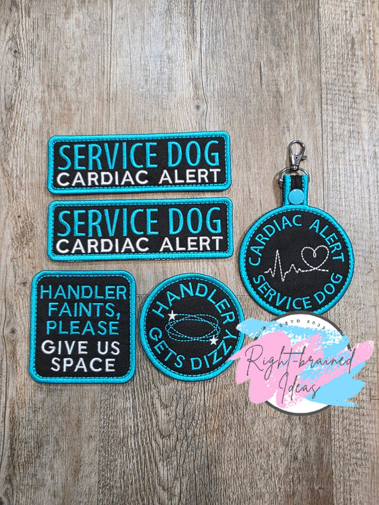 Service Dog Cardiac Alert White And Teal On Lightweight High Performance Black Twill Five-piece Patch and Patch Tab Set