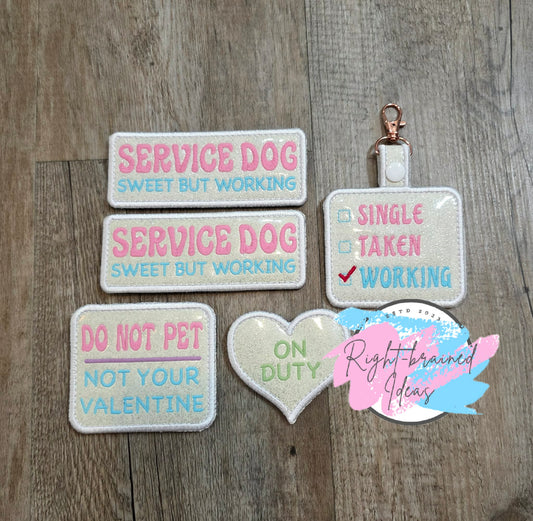 Fun-Size Frosted And Sassy Conversation Heart Inspired Service Dog On Duty Multi-colored On Sparkle White Vinyl Five-piece Patch And Patch Tab Set