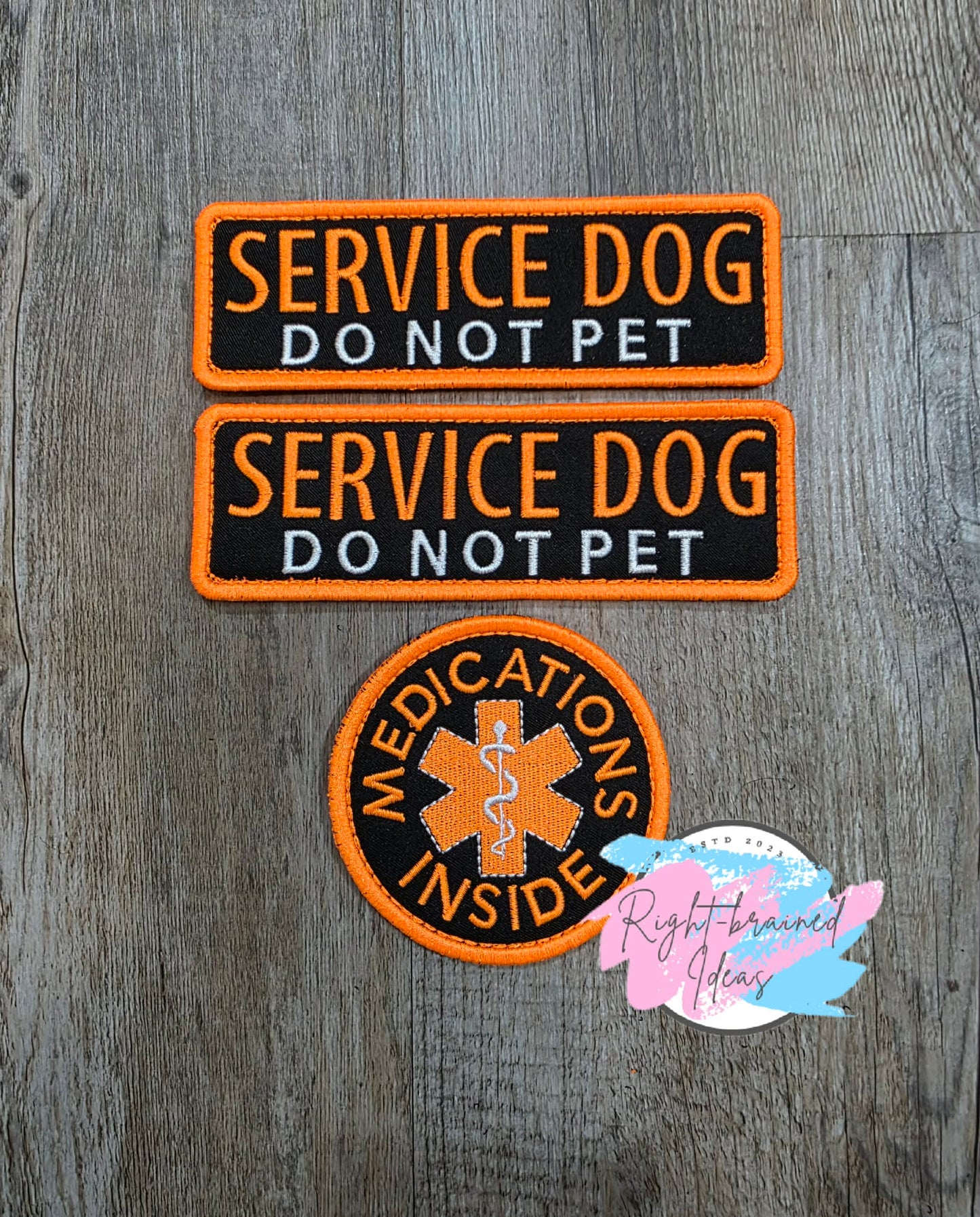 Service Dog Do Not Pet Neon Orange and White on Lightweight High Performance Black Twill Three-piece Patch Set