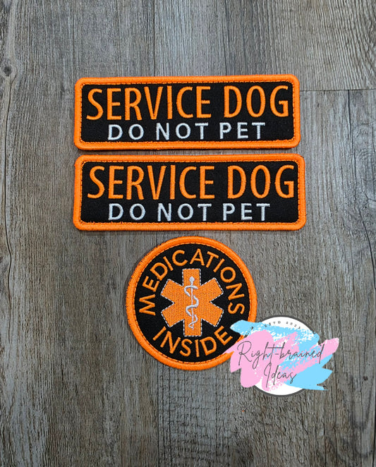 Service Dog Do Not Pet Neon Orange and White on Lightweight High Performance Black Twill Three-piece Patch Set