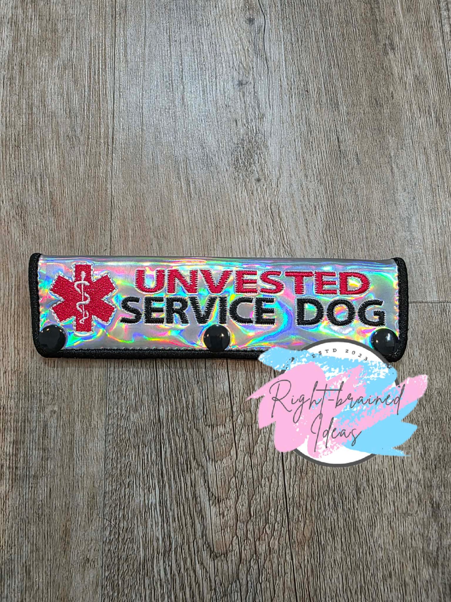 Unvested Service Dog Black, Red And White On Silver Holographic Vinyl Leash Wrap