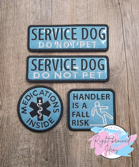 Service Dog Do Not Pet Black And White On Sparkle Sky Blue Vinyl Four-piece Patch Set
