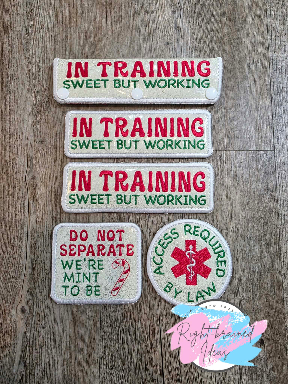Peppermint Inspired In Training Red And Green On Sparkle White Vinyl Five-piece Patch And Leash Wrap Set