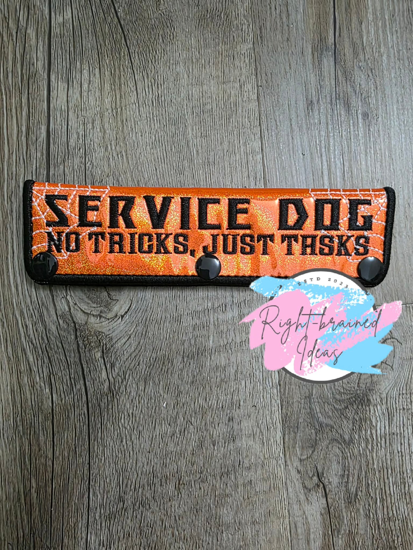 Creepy Crawley Inspired Service Dog Glow-In-The-Dark White And Black On Sparkle Neon Orange Holographic Vinyl Five-piece Patch And Leash Wrap Set