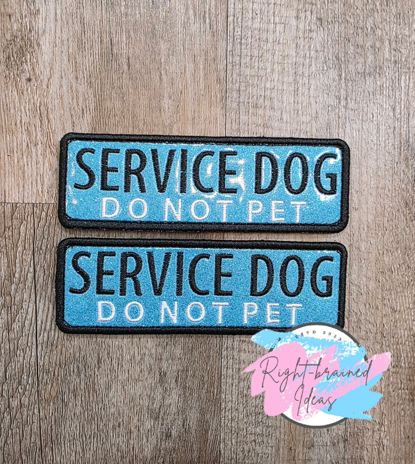 Service Dog Medications Inside White and Black On Sparkle Light Blue Vinyl Three-piece Patch Set