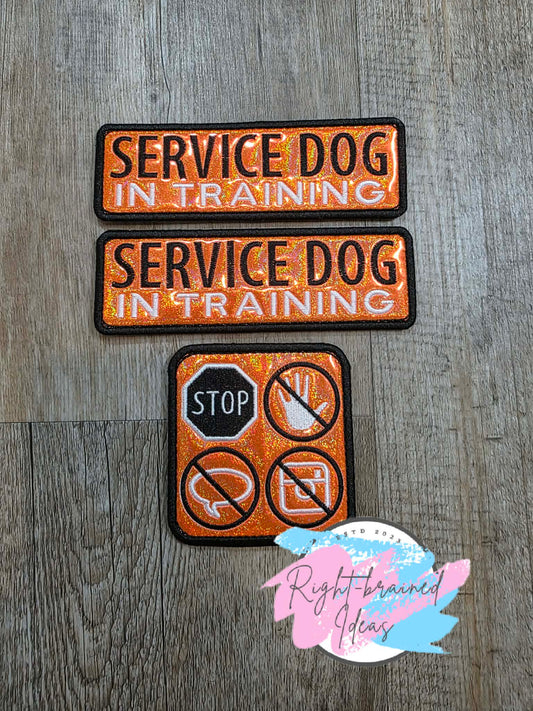 Service Dog In Training Black And White On Sparkle Orange Holographic Vinyl Three-piece Patch Set