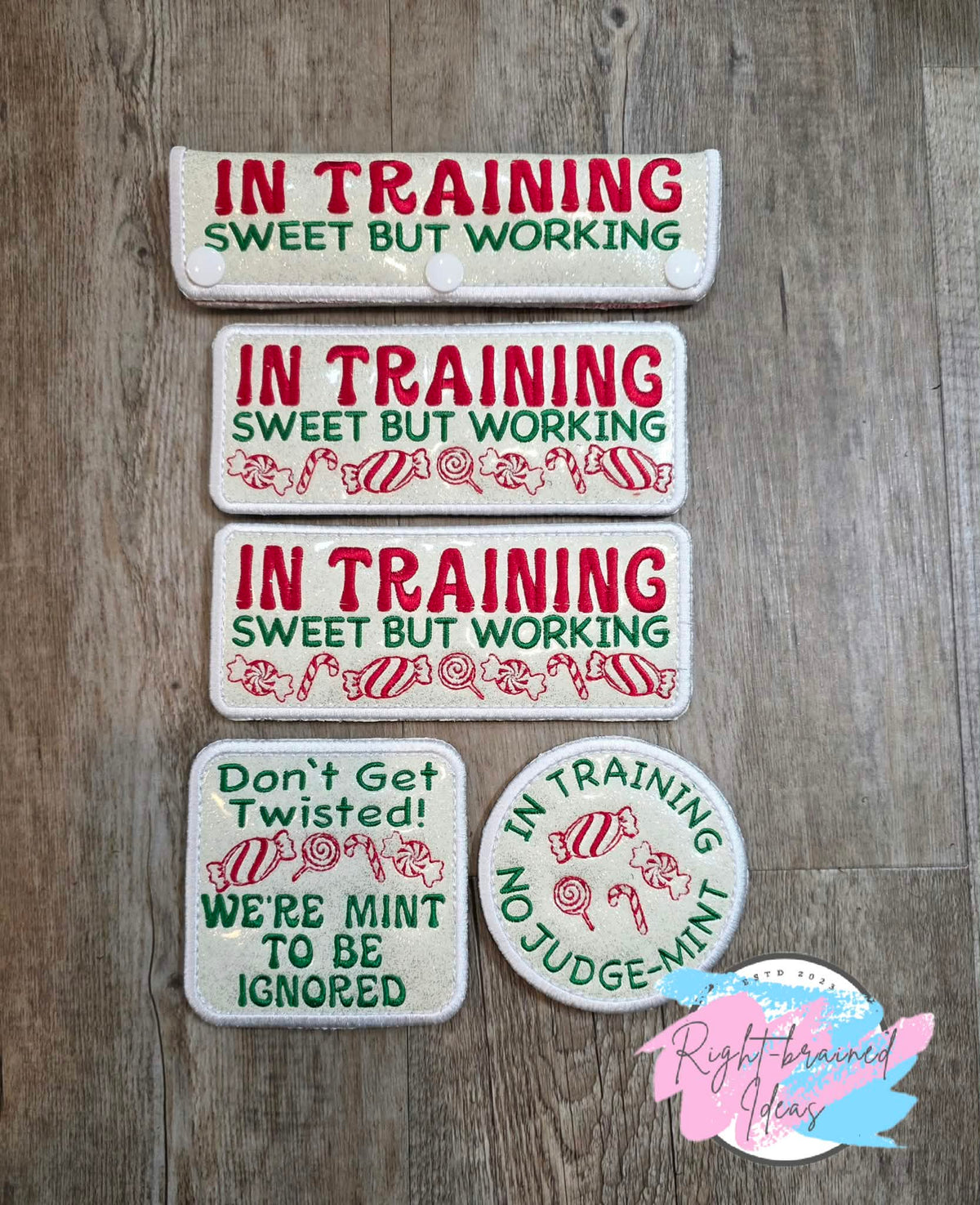 Peppermint Inspired Oversized In Training Red And Green On Sparkle White Vinyl Five-piece Patch And Leash Wrap Set