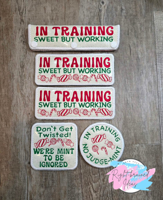 Peppermint Inspired Oversized In Training Red And Green On Sparkle White Vinyl Five-piece Patch And Leash Wrap Set
