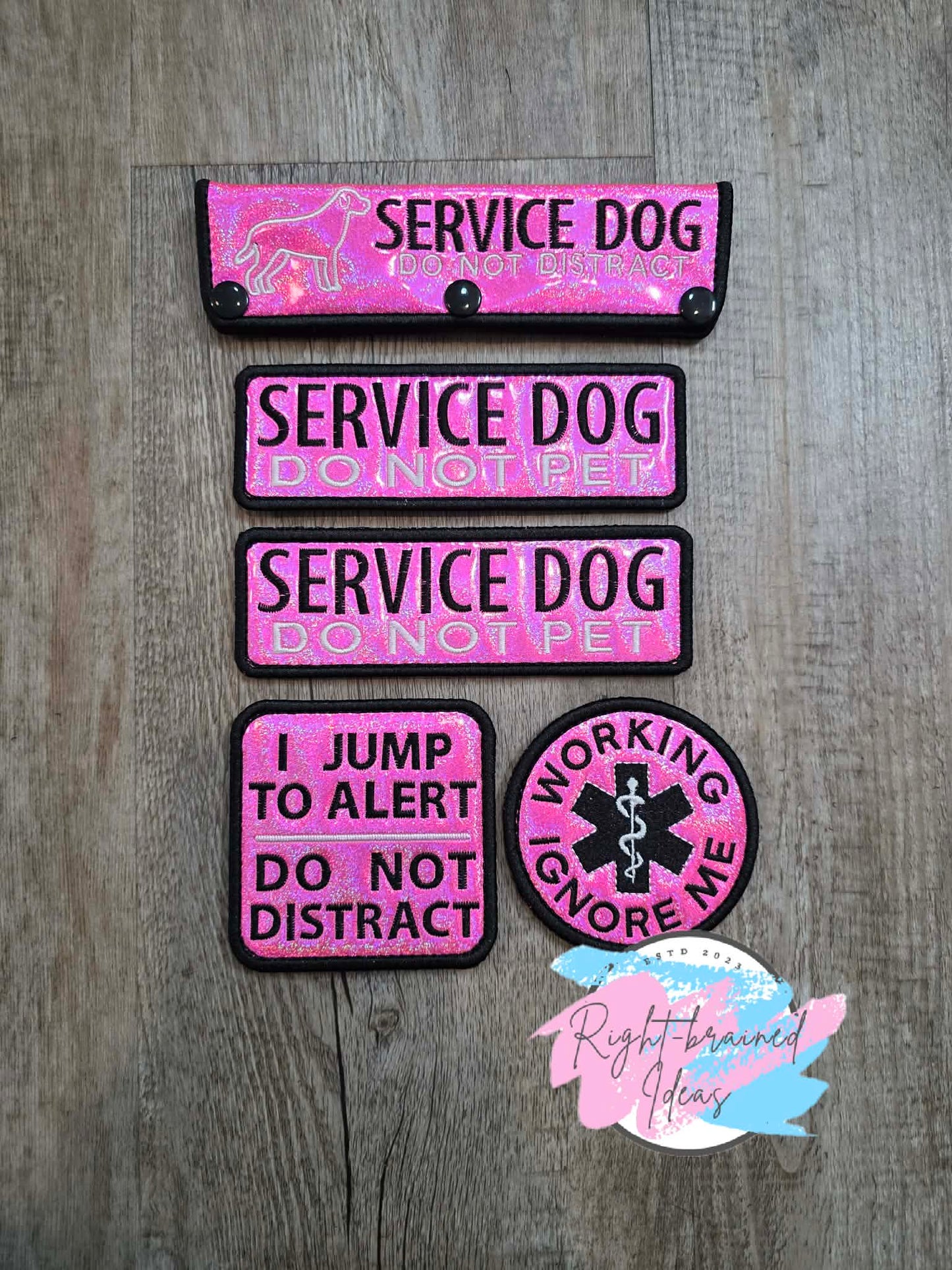 Service Dog Do Not Distract Black And White On Sparkle Pink Holographic Vinyl Five-piece Patch and Leash Wrap Set