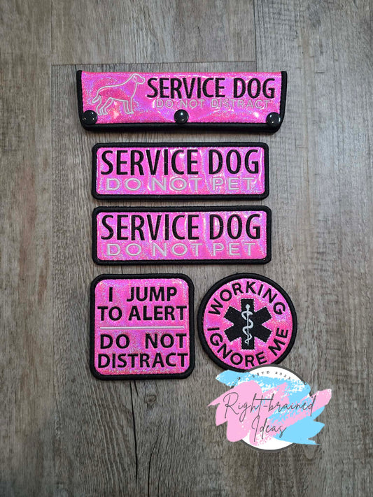 Service Dog Do Not Distract Black And White On Sparkle Pink Holographic Vinyl Five-piece Patch and Leash Wrap Set