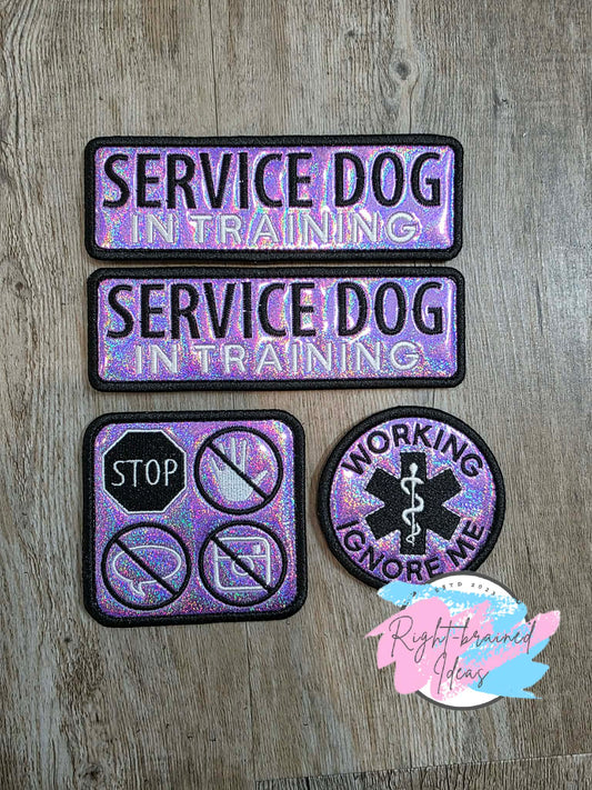 Service Dog In Training Black And White On Sparkle Purple Holographic Vinyl Four-piece Patch Set