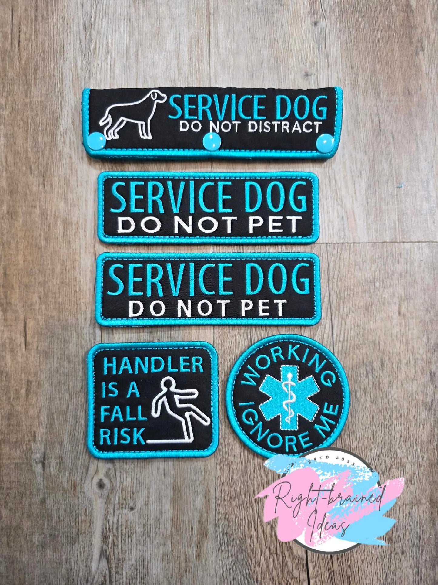 Service Dog Do Not Distract Teal And White On Lightweight High Performance Black Twill Five-piece Patch and Leash Wrap Set
