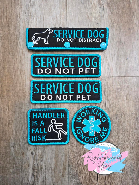 Service Dog Do Not Distract Teal And White On Lightweight High Performance Black Twill Five-piece Patch and Leash Wrap Set