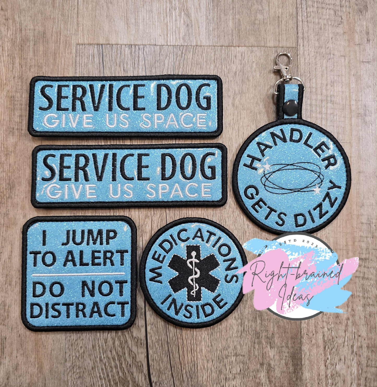 Service Dog Give Us Space Black And White On Sparkle Sky Blue Vinyl Five-piece Patch And Patch Tab Set