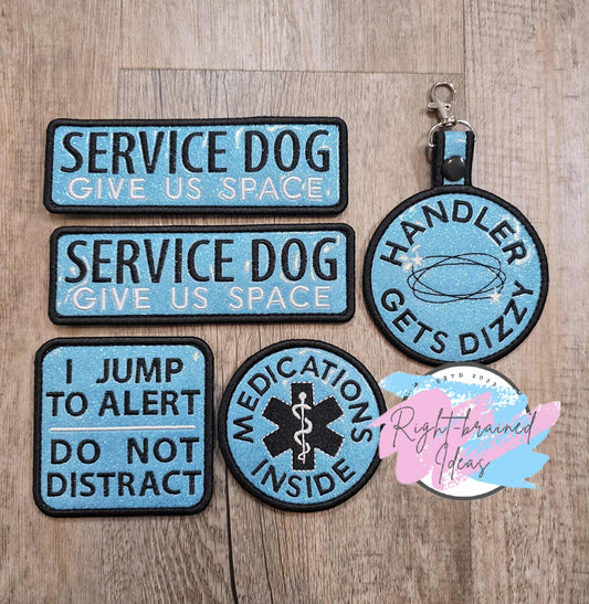 Service Dog Give Us Space Black And White On Sparkle Sky Blue Vinyl Five-piece Patch And Patch Tab Set