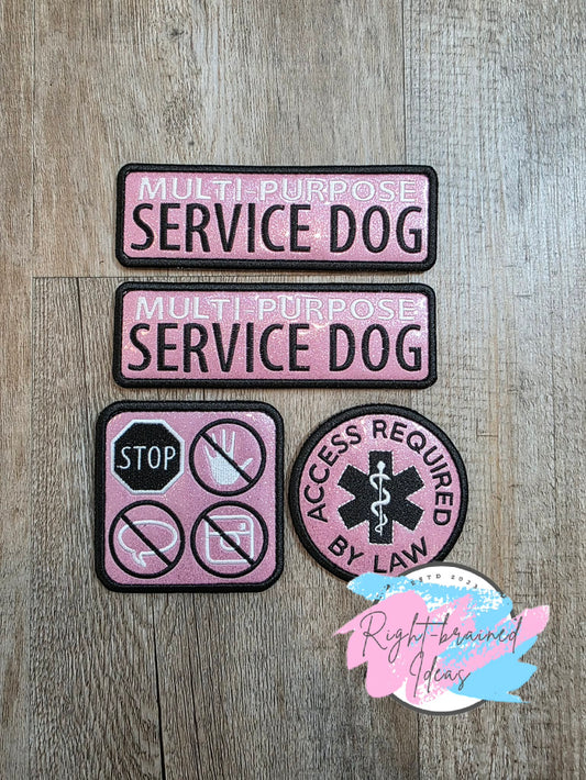 Service Dog Multi-Purpose Black And White On Sparkle Light Pink Vinyl Four-piece Patch Set