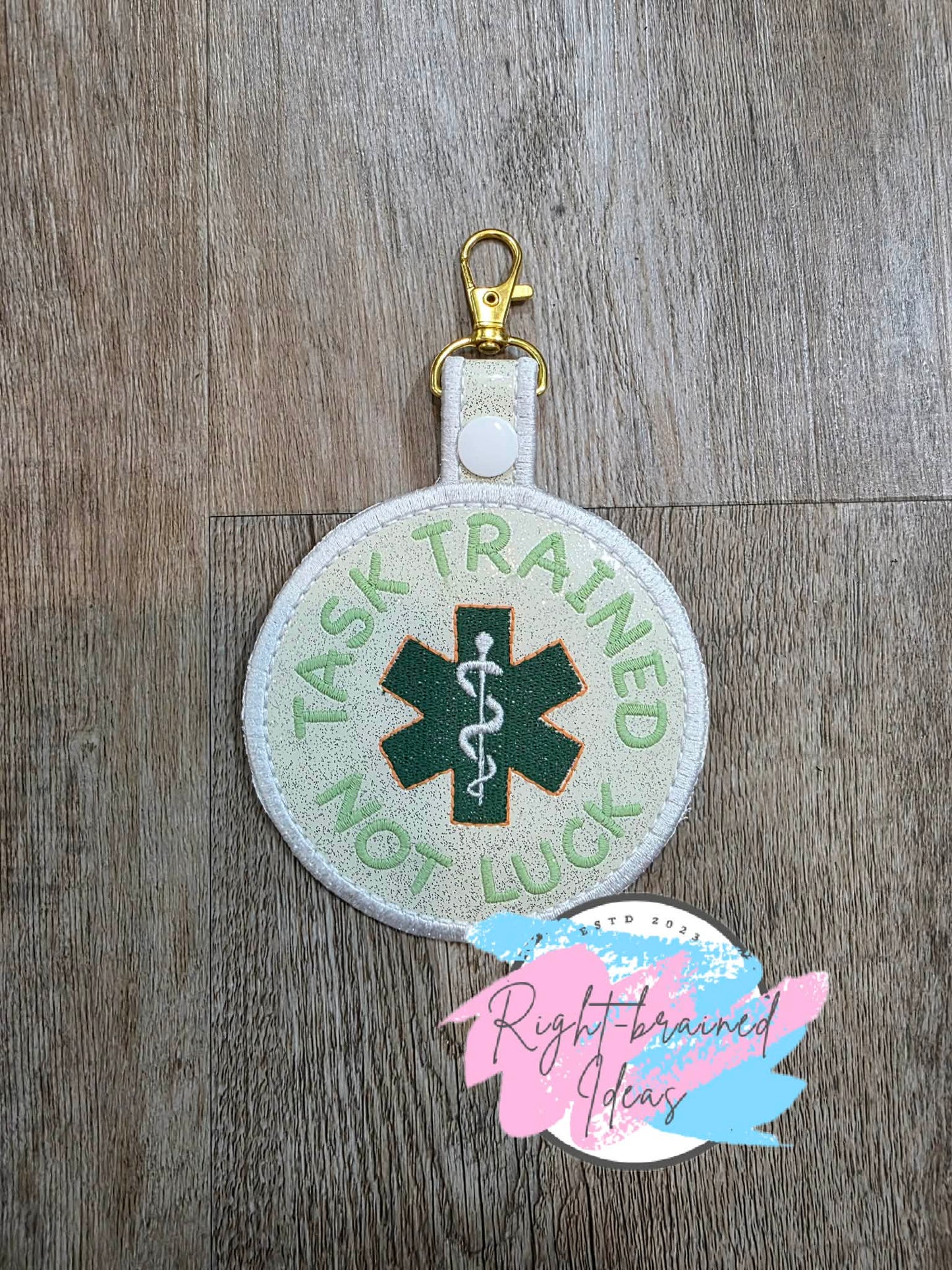 Shamrock Inspired Task Trained Not Luck Flat Matt Mint Green, Flat Matt Forest Green And Flat Matt Orange On Sparkle White Vinyl Two-piece Patch Tab And Leash Wrap Set