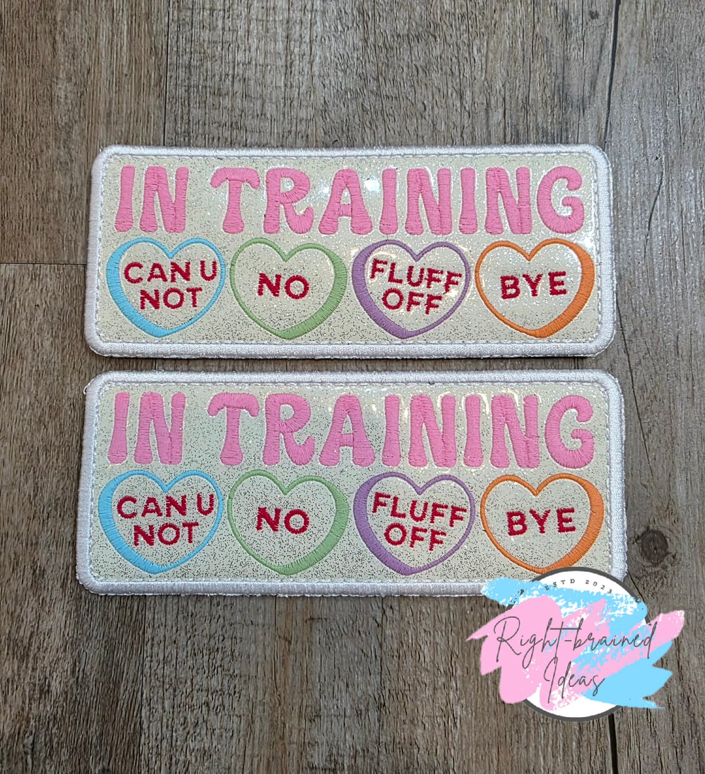 Frosted And Sassy Conversation Heart Inspired In Training Multi-colored On Sparkle White Vinyl Four-piece Oversized Patch Set
