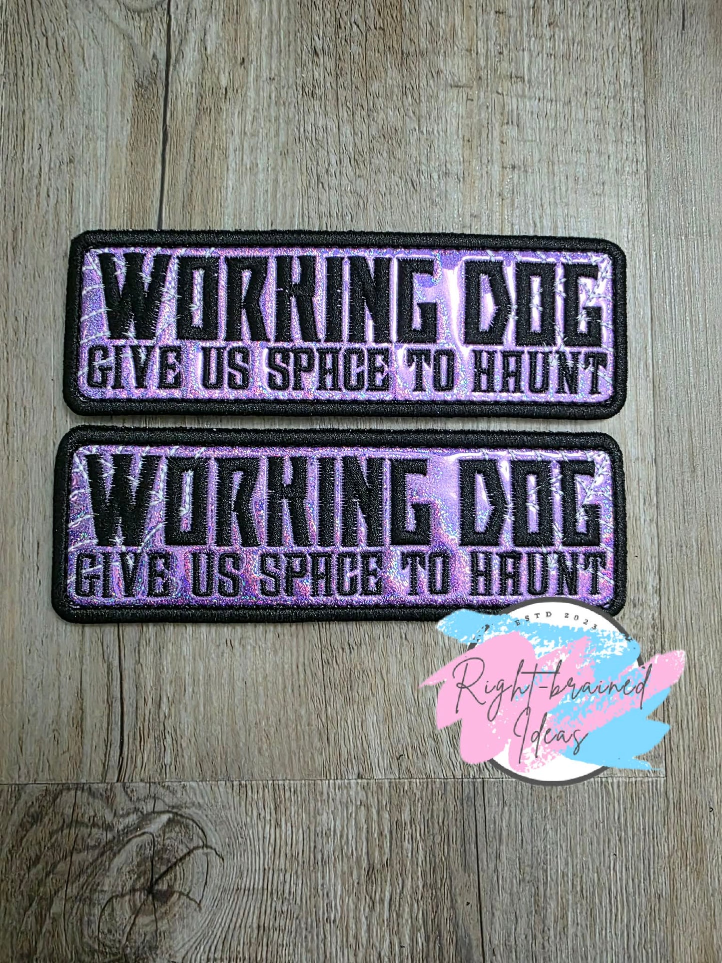 Spooky Season Inspired Working Dog Black And Glow-In-The-Dark White On Sparkle Purple Holographic Vinyl Three-piece Patch Set
