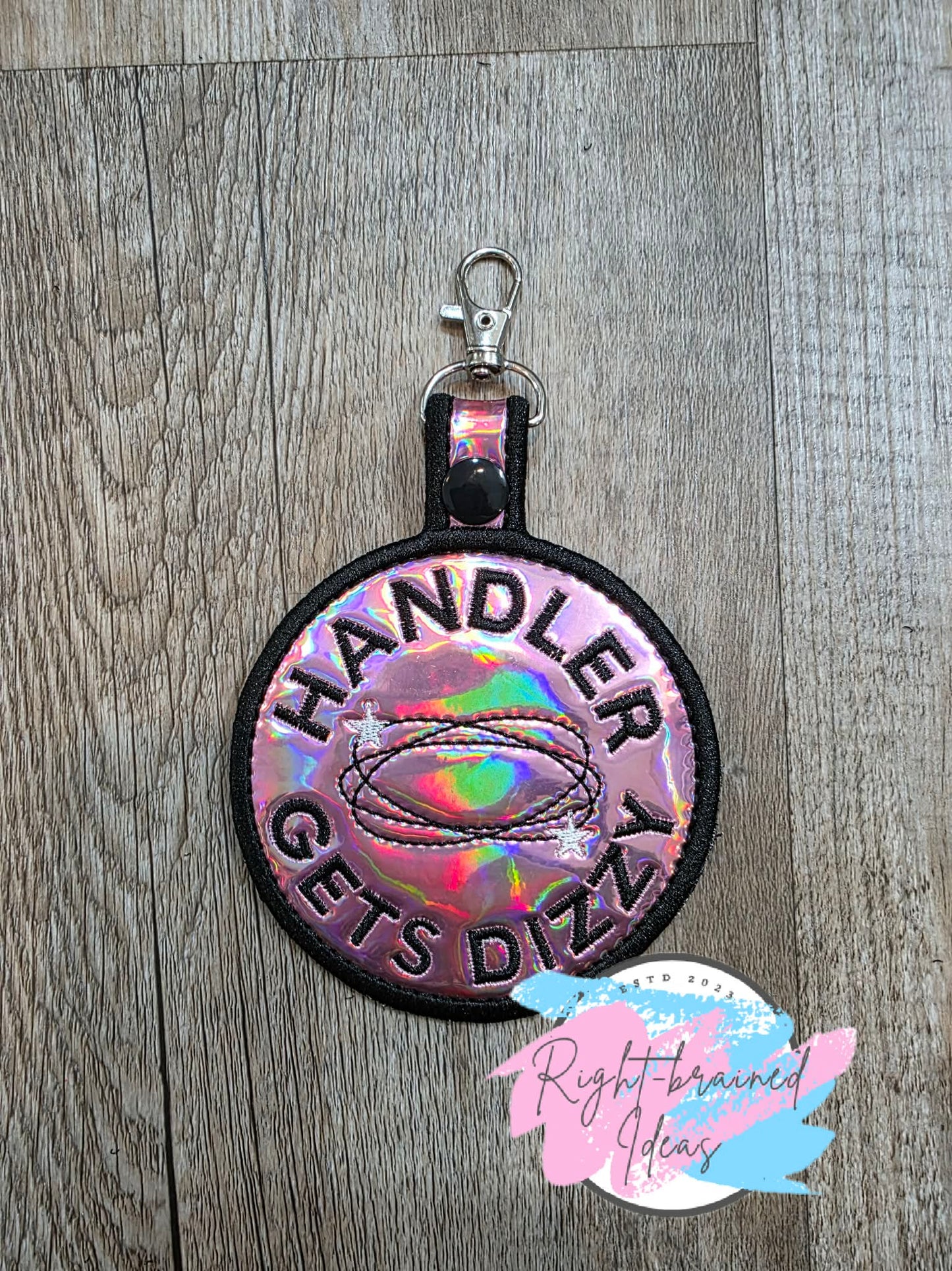 Handler Gets Dizzy Black And White On Light Pink Holographic Vinyl Patch Tab