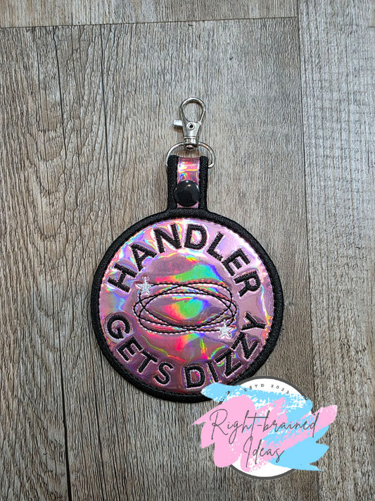 Handler Gets Dizzy Black And White On Light Pink Holographic Vinyl Patch Tab