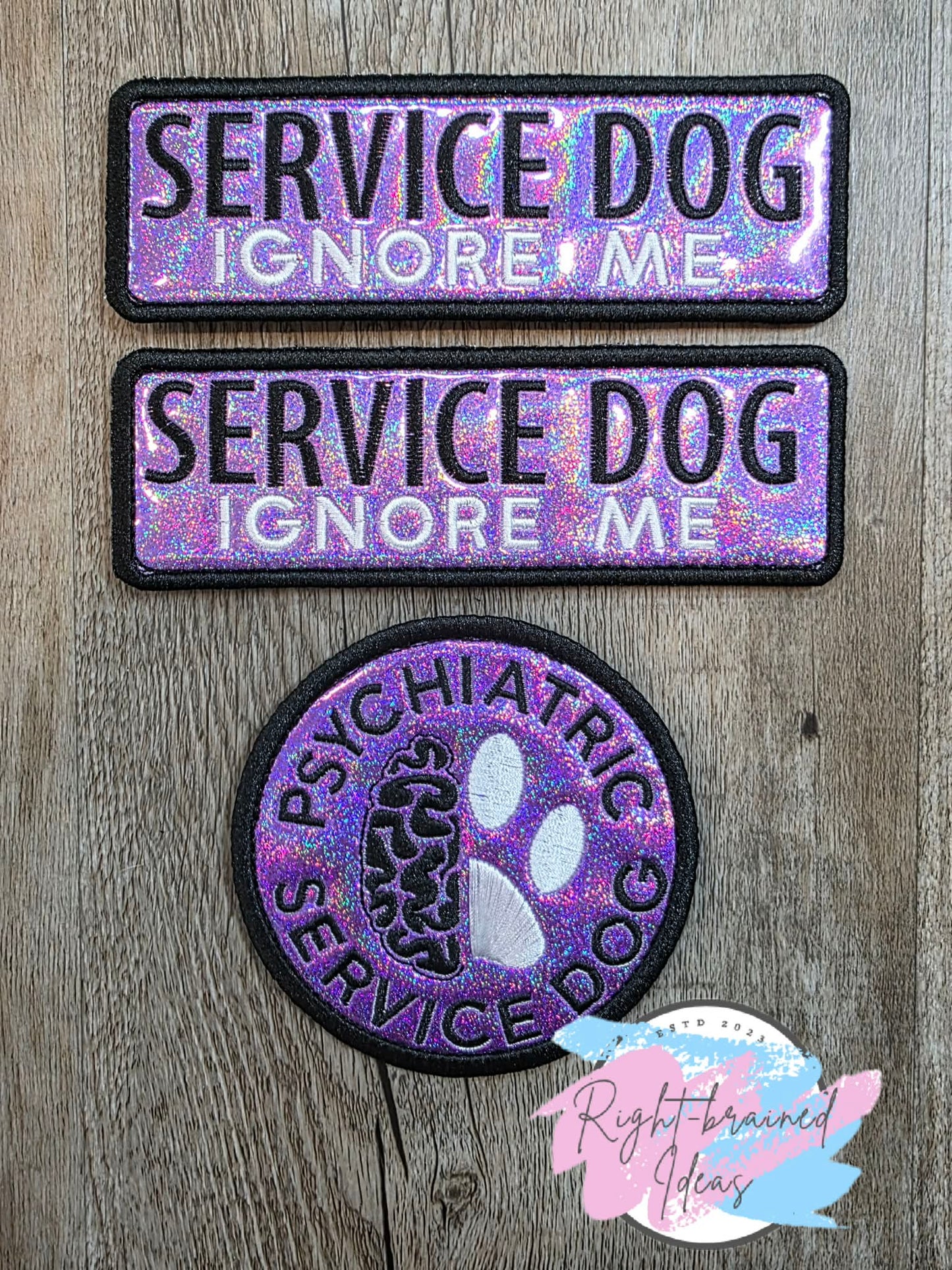 *Minor Flaw - Cosmetic* Service Dog Ignore Me White And Black On Sparkle Purple Holographic Vinyl Three-piece Patch Set