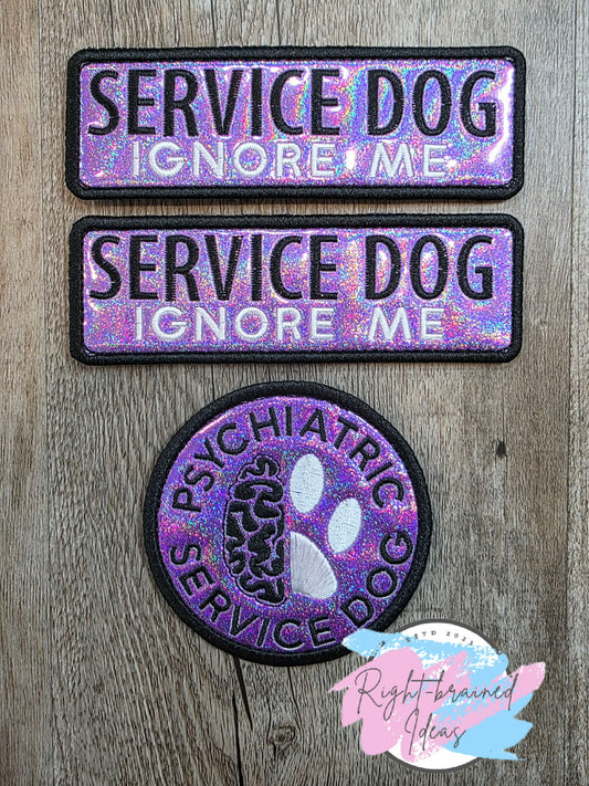*Minor Flaw - Cosmetic* Service Dog Ignore Me White And Black On Sparkle Purple Holographic Vinyl Three-piece Patch Set