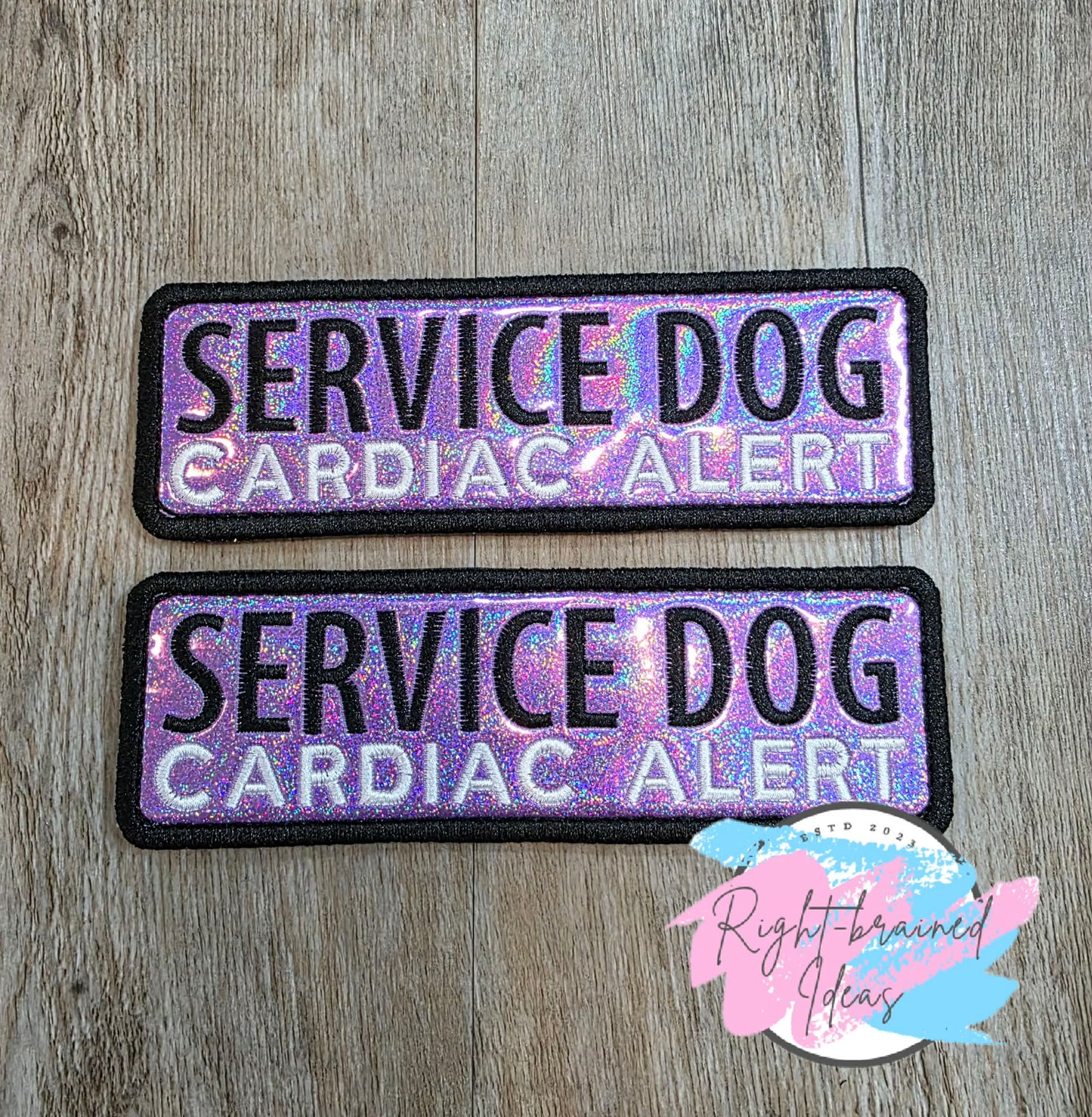 Service Dog Cardiac Alert Black And White On Sparkle Purple Holographic Vinyl Four-piece Patch Set