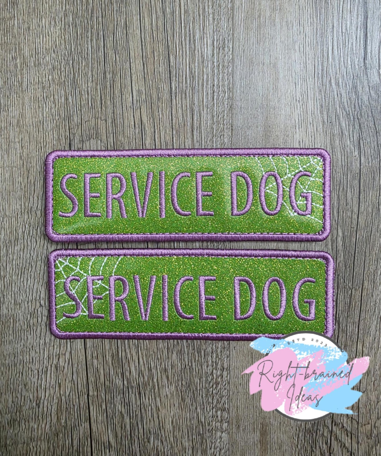 Service Dog Creepy Crawley Inspired Purple, Black and Glow-in-the-Dark White on Sparkle Lime Green Vinyl Five-piece Patch Set