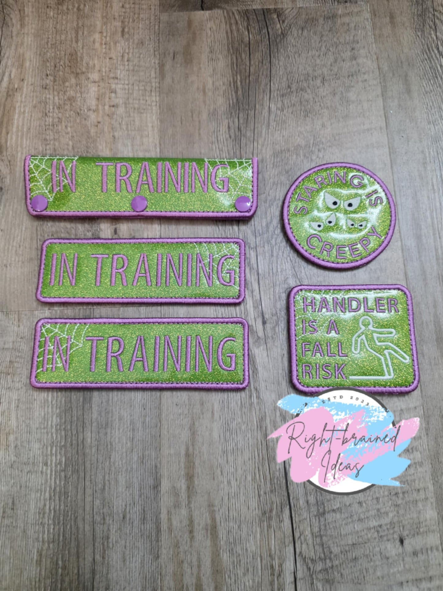 In Training Creepy Crawley Inspired Purple and Glow-in-the-Dark White on Sparkle Lime Green Vinyl Five-piece Patch Set