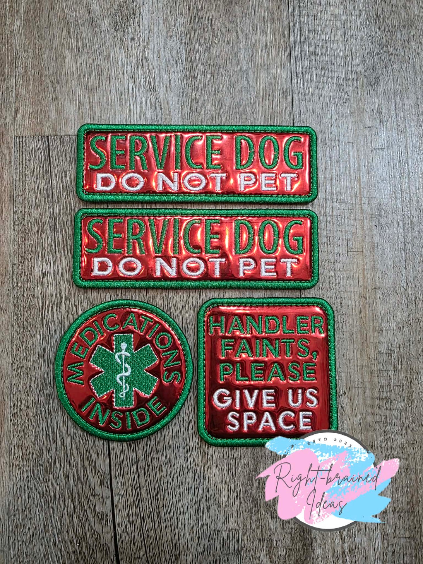 Service Dog Give Us Space Satin Green And White On Red Metallic Vinyl Four-piece Patch Set
