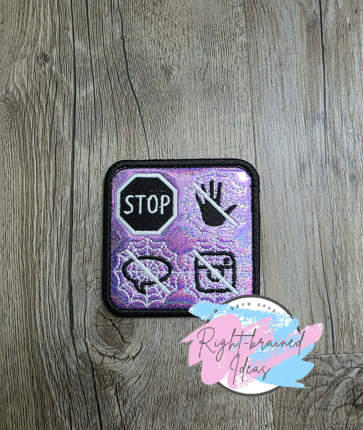 Creepy Crawley Inspired Service Dog In Training Glow-In-The-Dark White And Black On Sparkle Purple Holographic Vinyl Five-piece Oversized Patch And Leash Wrap Set