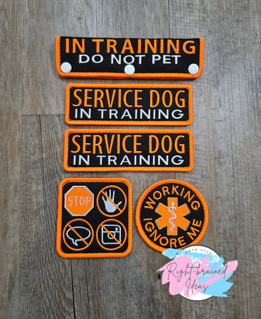 In Training Do Not Pet Neon Orange And White On Lightweight High Performance Black Twill Five-piece Patch and Leash Wrap Set