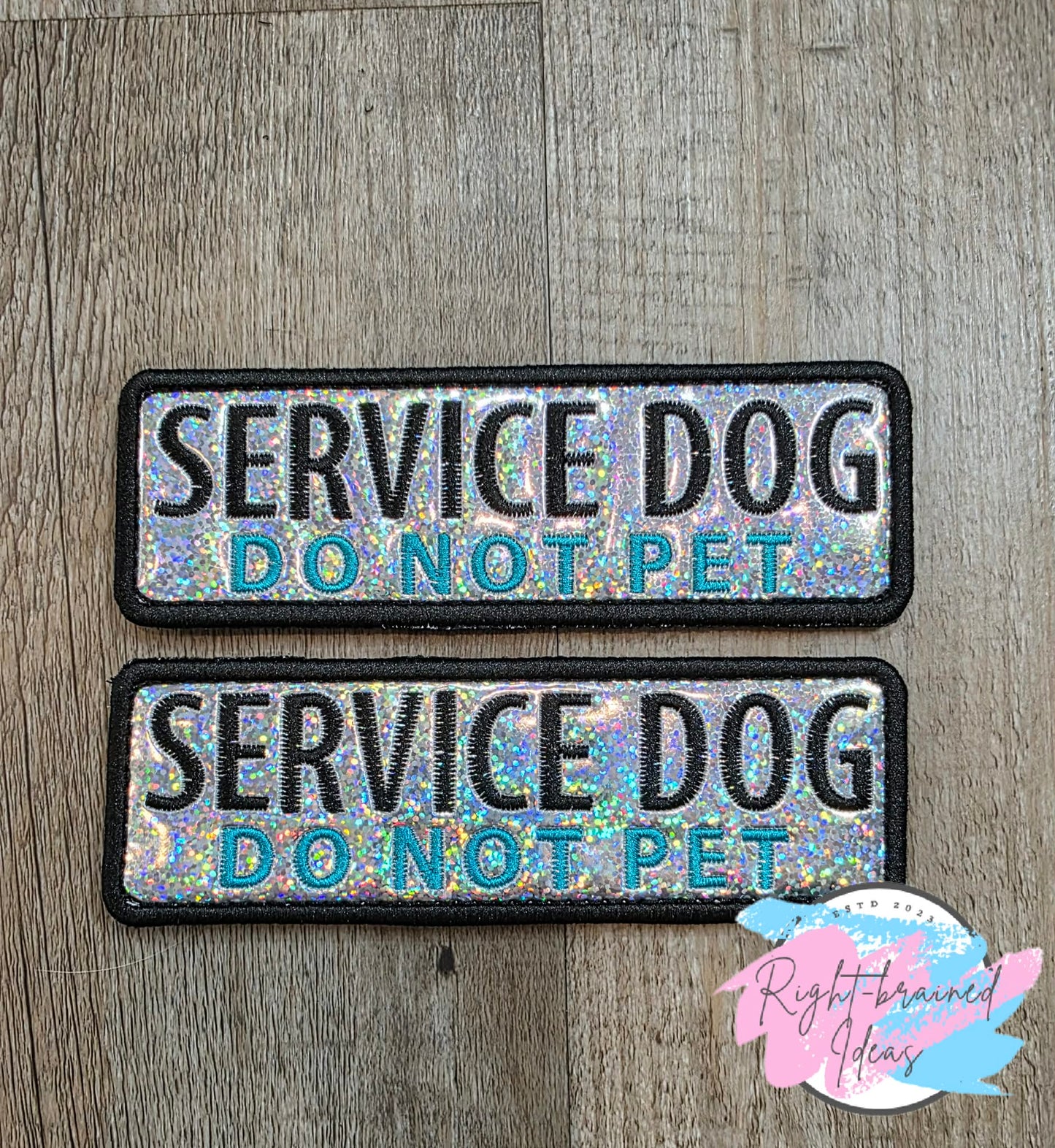 Service Dog Do Not Pet Black And Teal On Sparkle Silver Holographic Vinyl Five-piece Patch And Leash Wrap Set