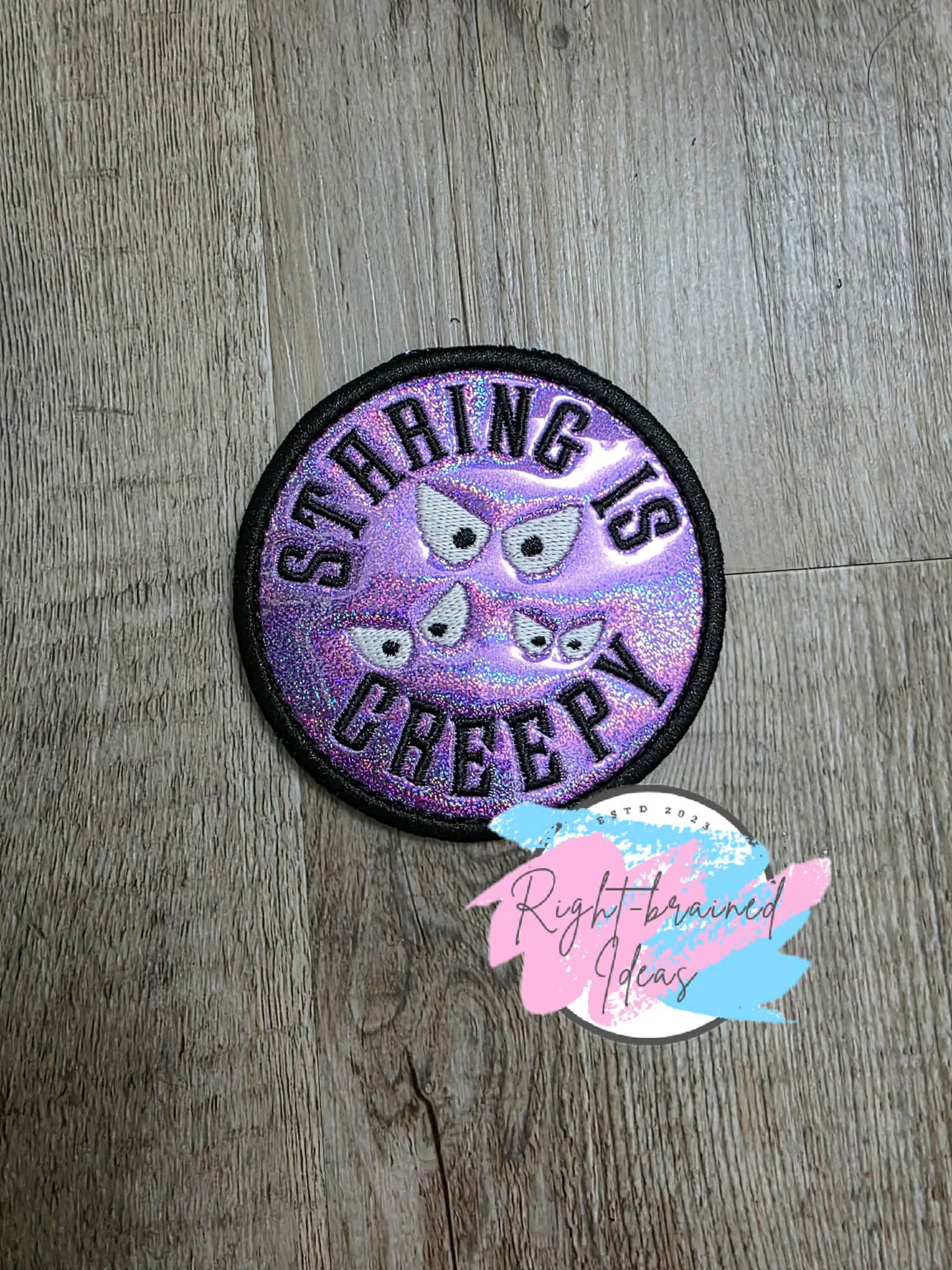 Fun Sized Creepy Crawley Inspired Service Dog In Training Glow-In-The-Dark White And Black On Sparkle Purple Holographic Vinyl Four-piece Patch Set