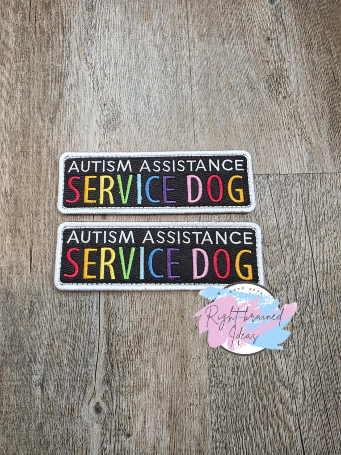 Grow-with-Them Service Dog, Autism Assistance Rainbow and White on Black Twill Neurodivergent Inspired Six-piece Patch Set