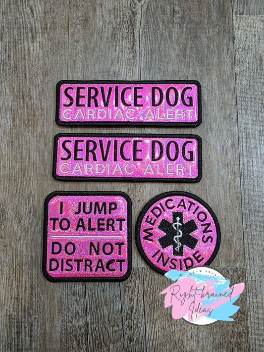 Service Dog Cardiac Alert Black And White On Sparkle Pink Holographic Vinyl Four-piece Patch Set