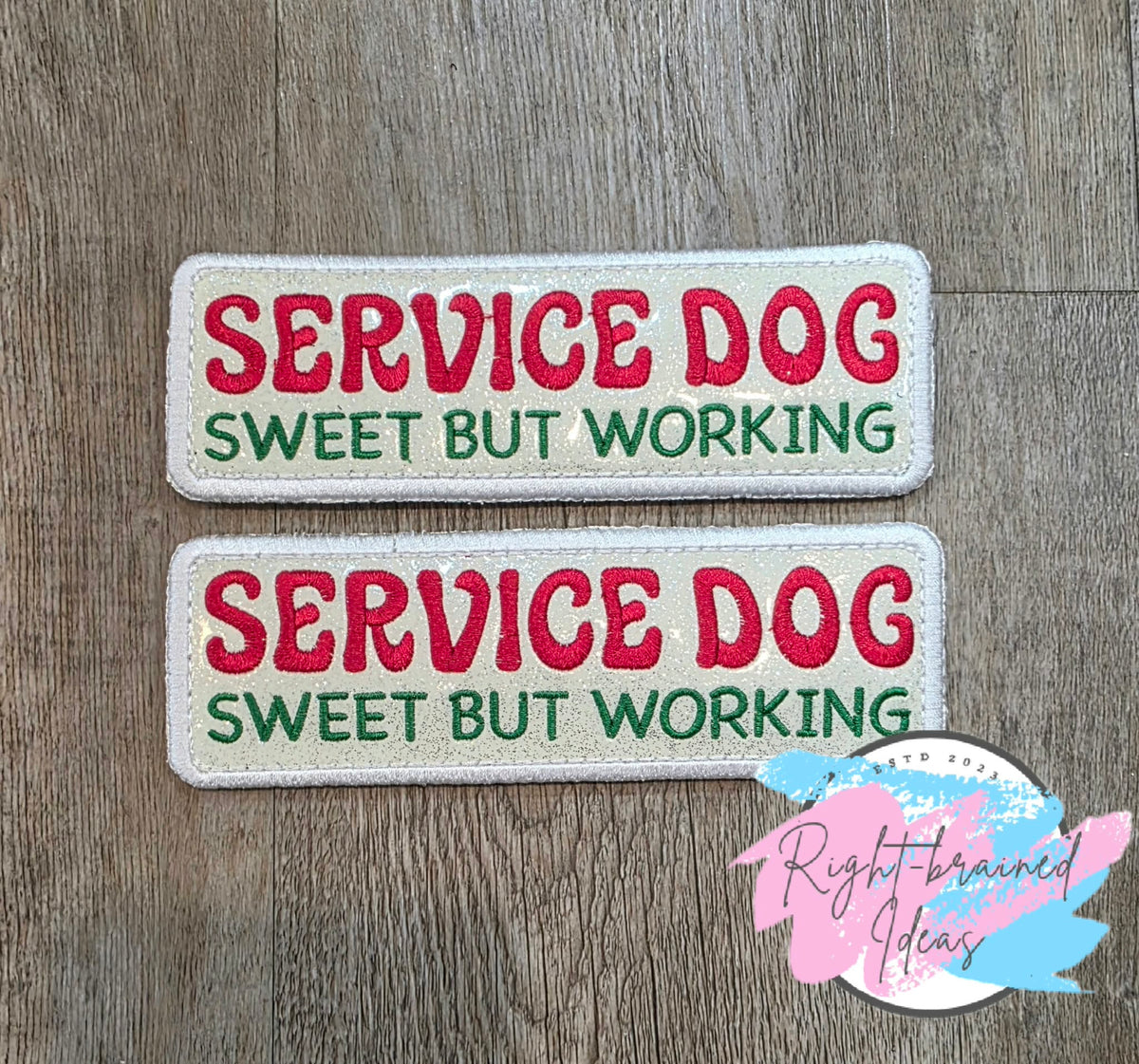Peppermint Inspired Service Dog Sweet But Working Red And Green On Sparkle White Vinyl Four-piece Patch And Patch Tab Set
