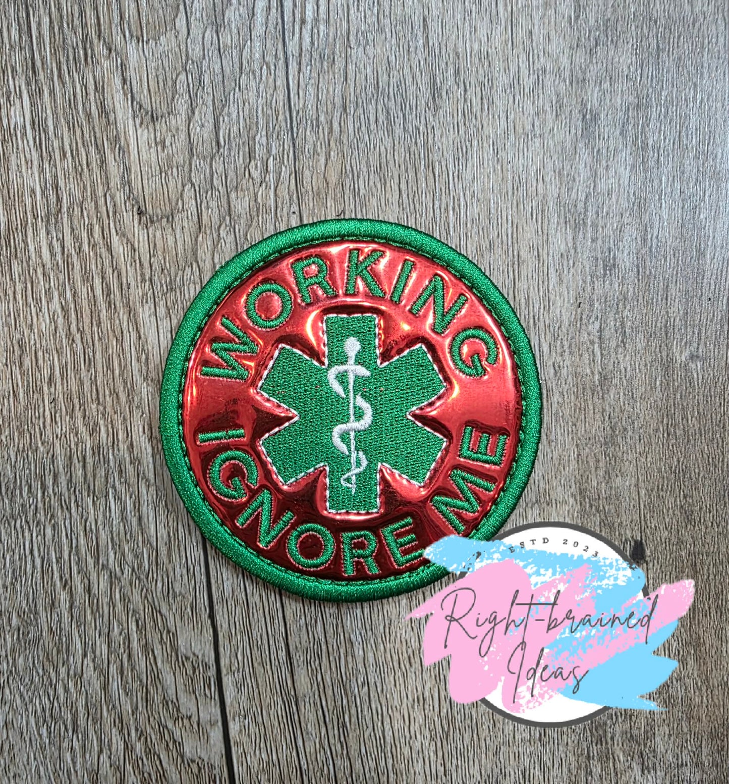 Service Dog Ignore Me Satin Green And White On Red Metallic Vinyl Four-piece Patch Set