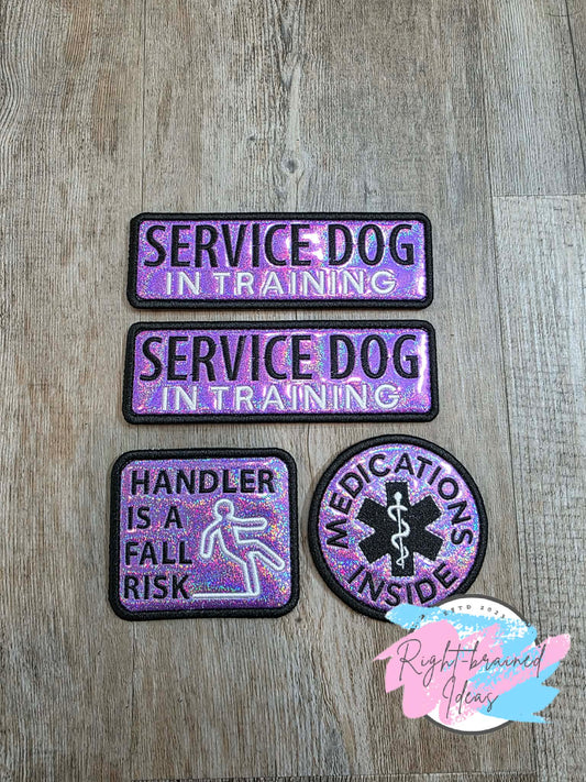 Service Dog In Training Black And White On Sparkle Purple Holographic Vinyl Four-piece Patch Set