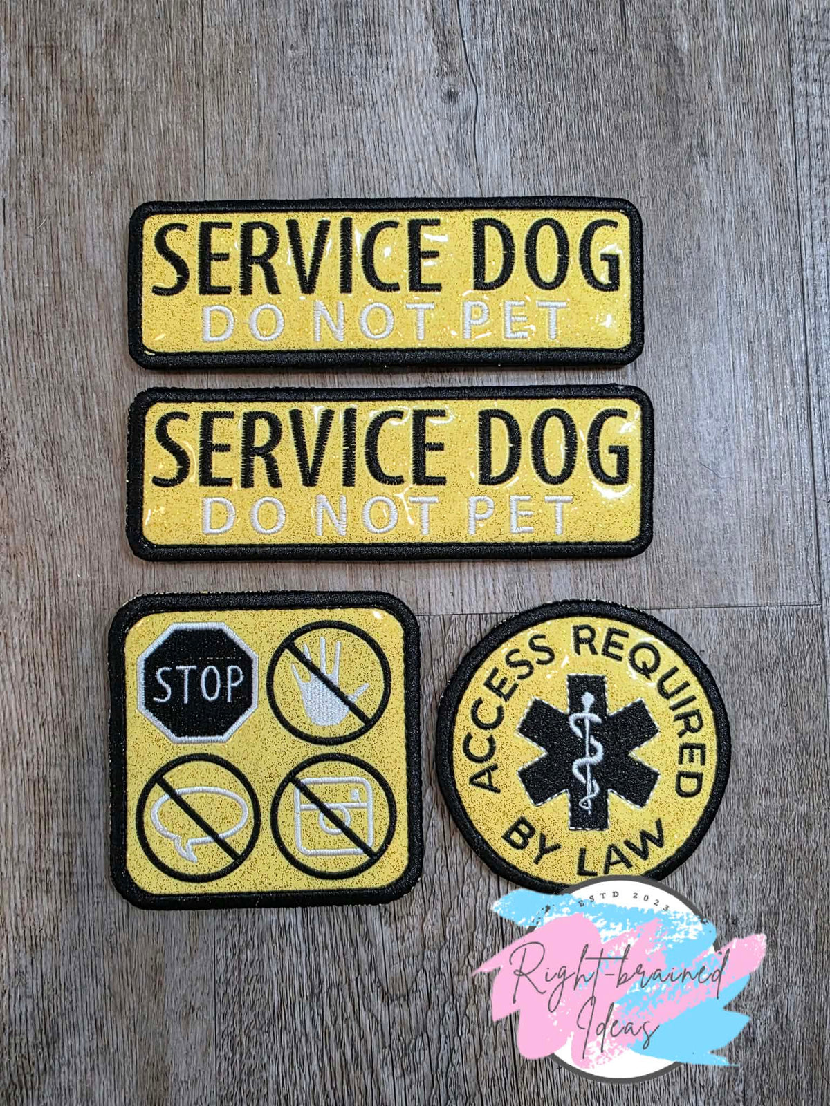 Service Dog Do Not Pet Black And White On Sparkle Yellow Vinyl Four-piece Patch Set