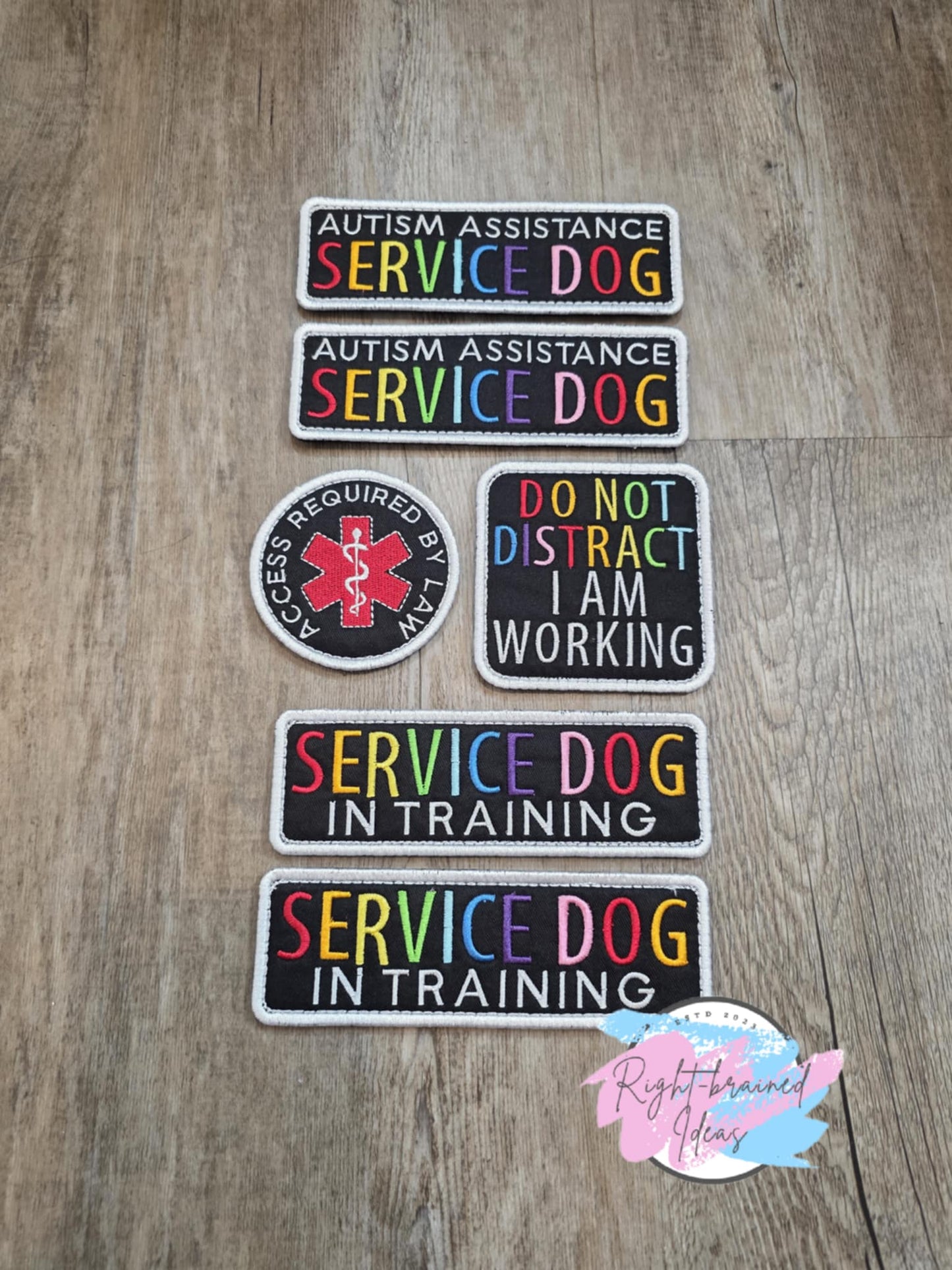 Grow-with-Them Service Dog, Autism Assistance Rainbow and White on Black Twill Neurodivergent Inspired Six-piece Patch Set