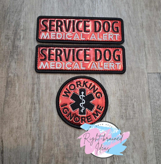 Service Dog Medical Alert Black And White on Metallic Red Vinyl Three-piece Patch Set