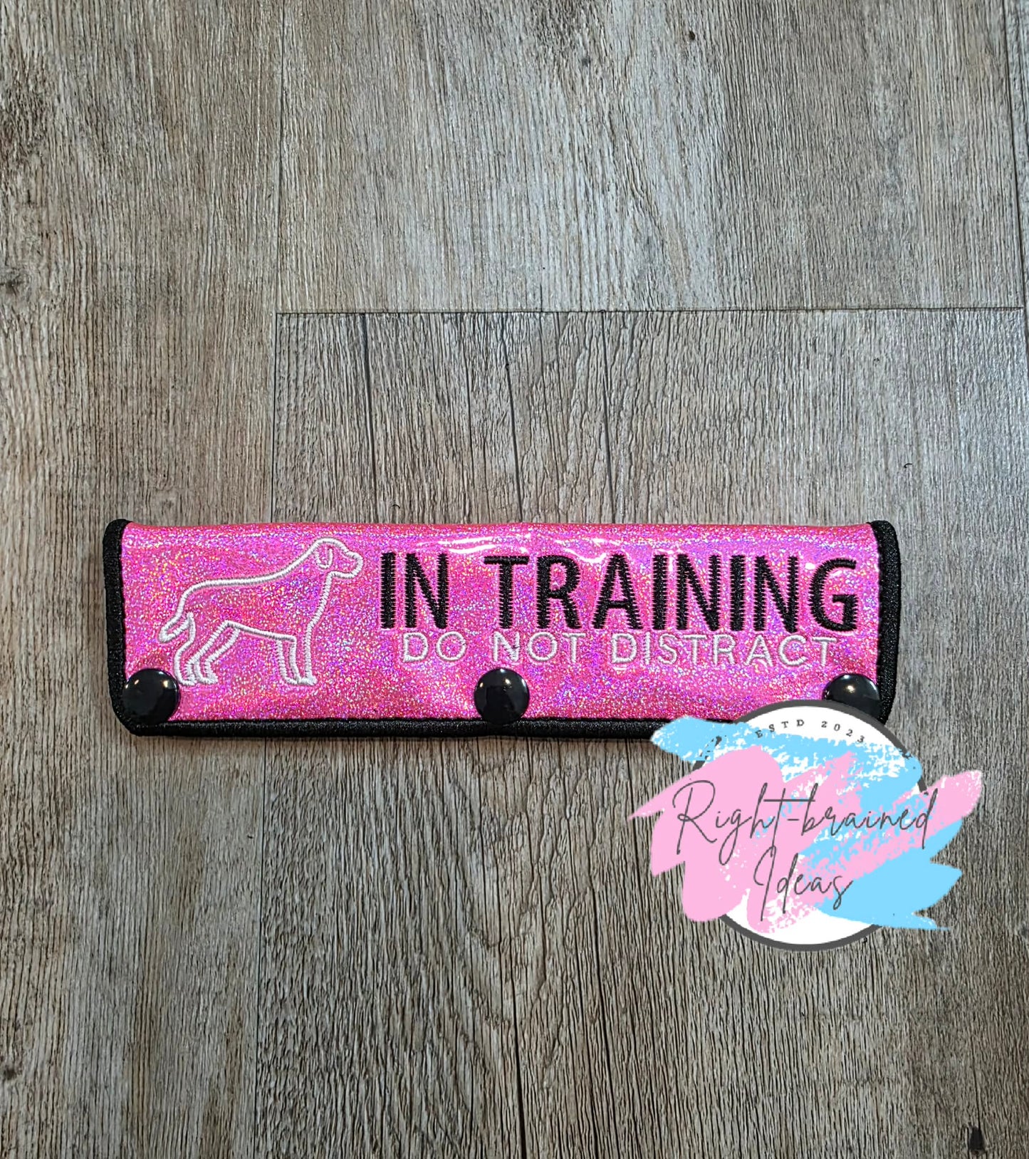 In Training Do Not Distract Black And White On Sparkle Pink Holographic Vinyl Five-piece Patch and Leash Wrap Set