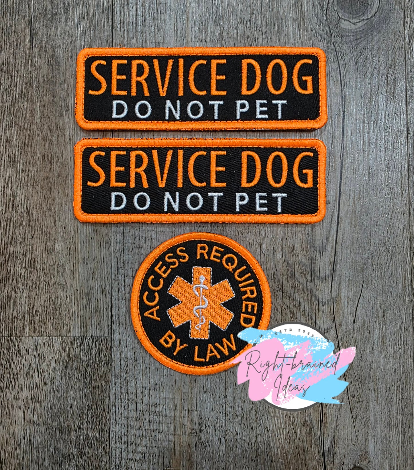 Service Dog Do Not Pet Neon Orange And White On Lightweight High Performance Black Twill Three-piece Patch Set