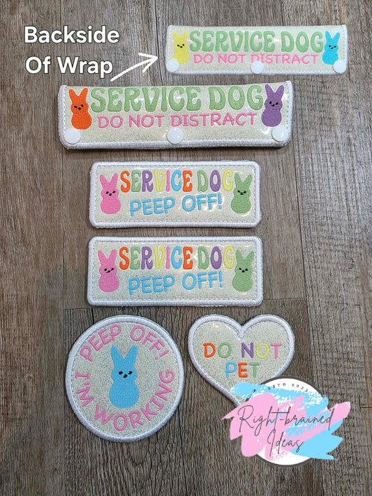 Fun Size, Easter Bunny Marshmallow Inspired Service Dog Do Not Pet Multi-colored Flat Matt Palette On Sparkle White Vinyl Five-piece Fun Size Patch And Leash Wrap Set