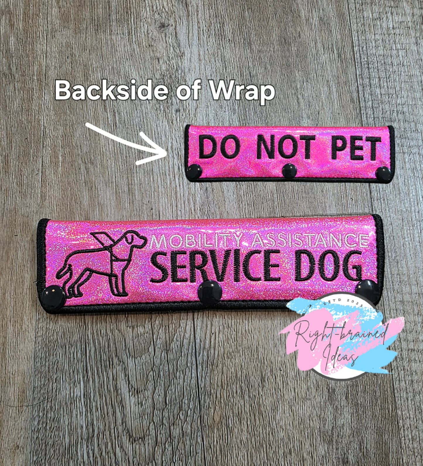 Service Dog Do Not Pet Black And White On Sparkle Pink Holographic Vinyl Five-piece Patch And Double-sided Leash Wrap Set